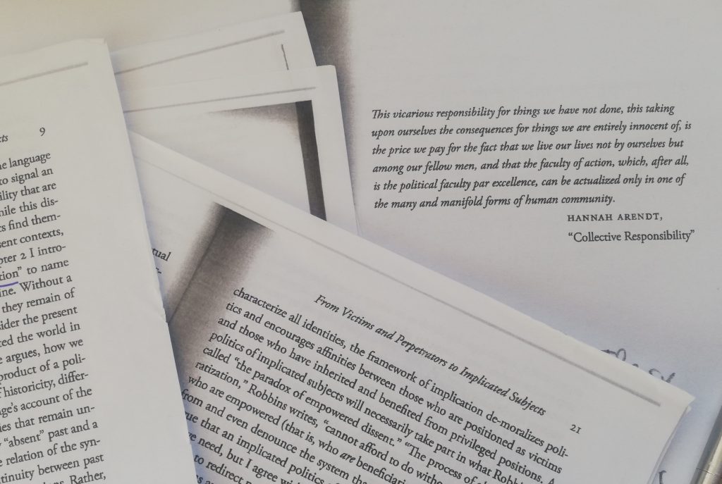 Momentaufnahme des Geschichtspolitischen Lesekreises der Akademie Michael Rothberg "The Implicated Subject: Beyond Victims and Perpetrators", Eingangszitat von Hannah Arendt